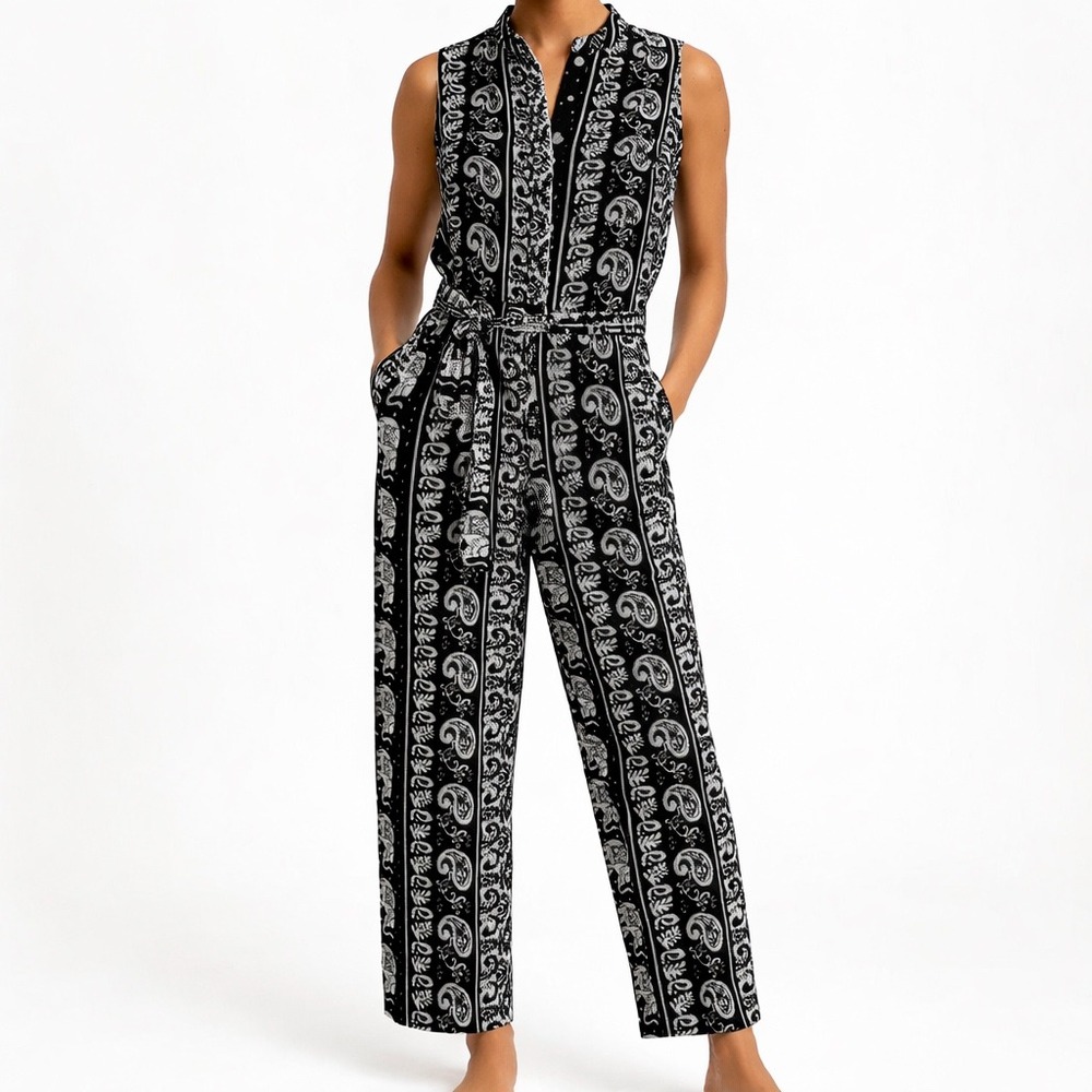 Soft Surroundings Elephant Paisley wide leg Jumpsuit Black Sleeveless Belted L